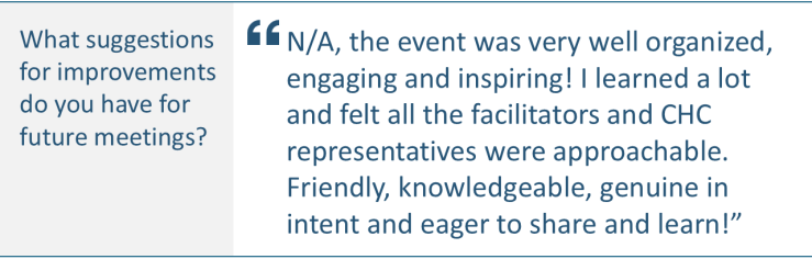“N/A, the event was very well organized, engaging and inspiring! I learned a lot and felt all the facilitators and CHC representatives were approachable. Friendly, knowledgeable, genuine in intent and eager to share and learn!”