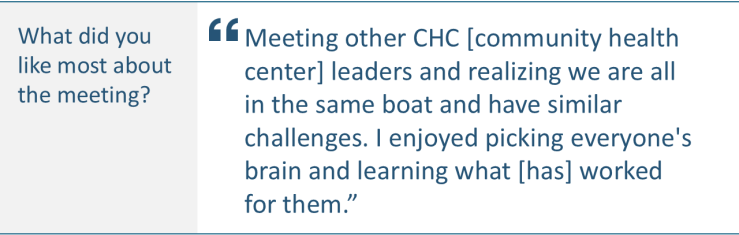 “Meeting other CHC [community health center] leaders and realizing we are all in the same boat and have similar challenges. I enjoyed picking everyone's brain and learning what [has] worked for them.”